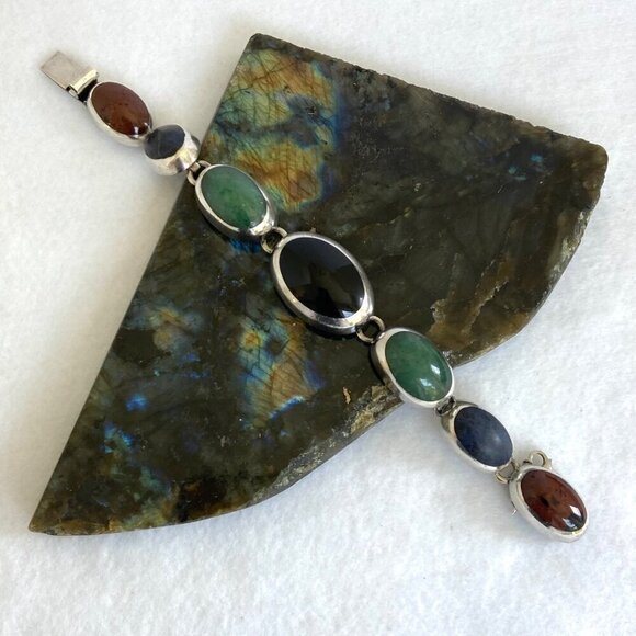 VTG Sterling Silver 925 Taxco Mexico Chunky Multi Gemstone Oval Link Bracelet - Picture 3 of 16